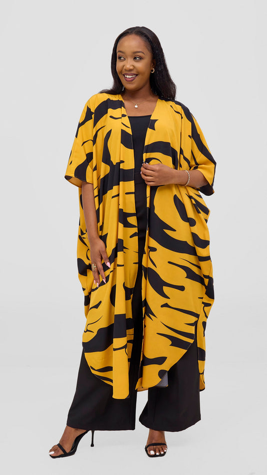 Vivo Basic Open Kaftan - Mustard / Black Print