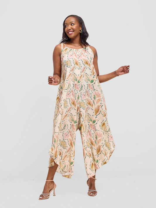 Vivo Maisha Strappy Culotte Jumpsuit - Cream / Pink Print