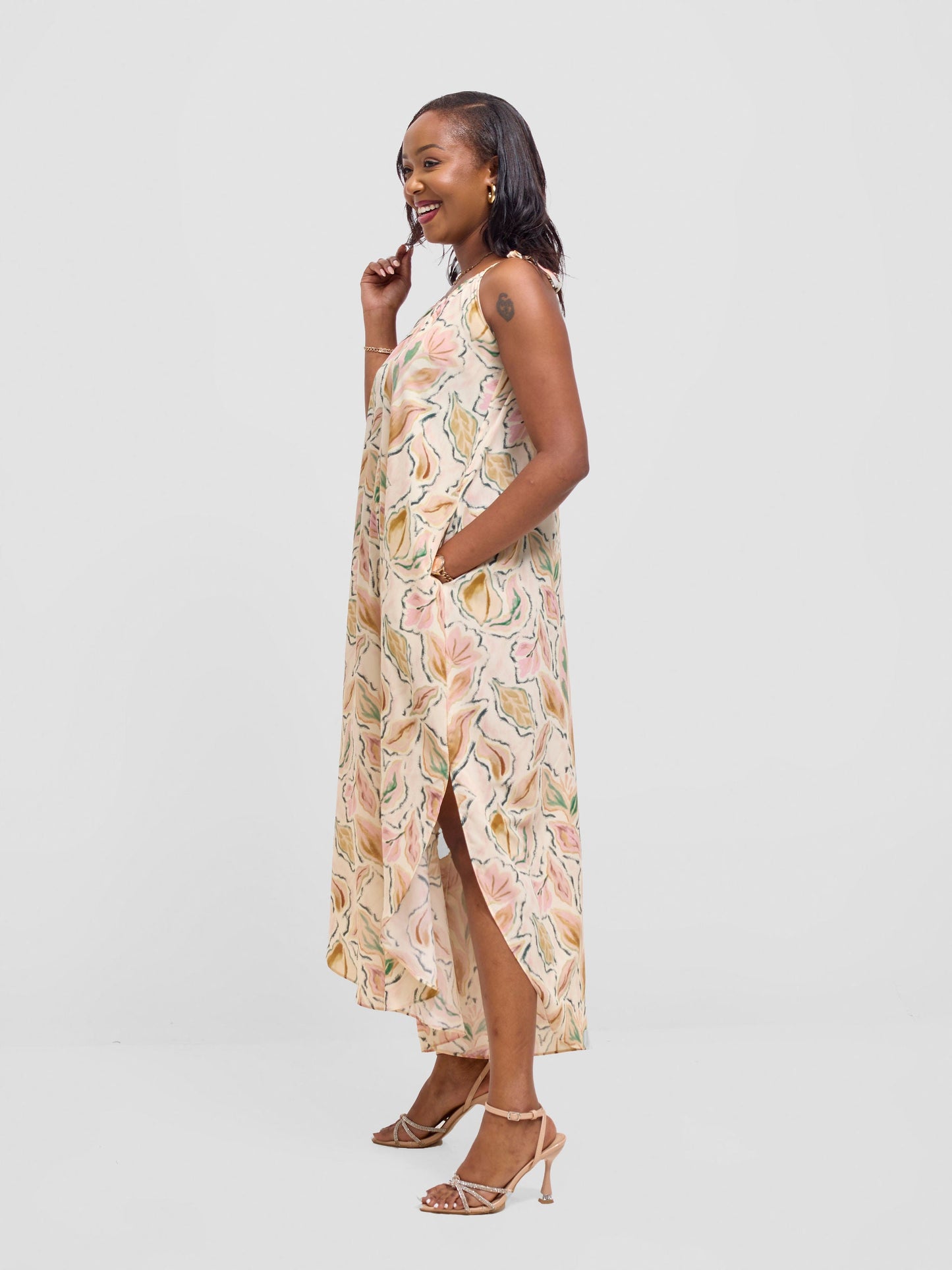 Vivo Maisha Strappy Culotte Jumpsuit - Cream / Pink Print