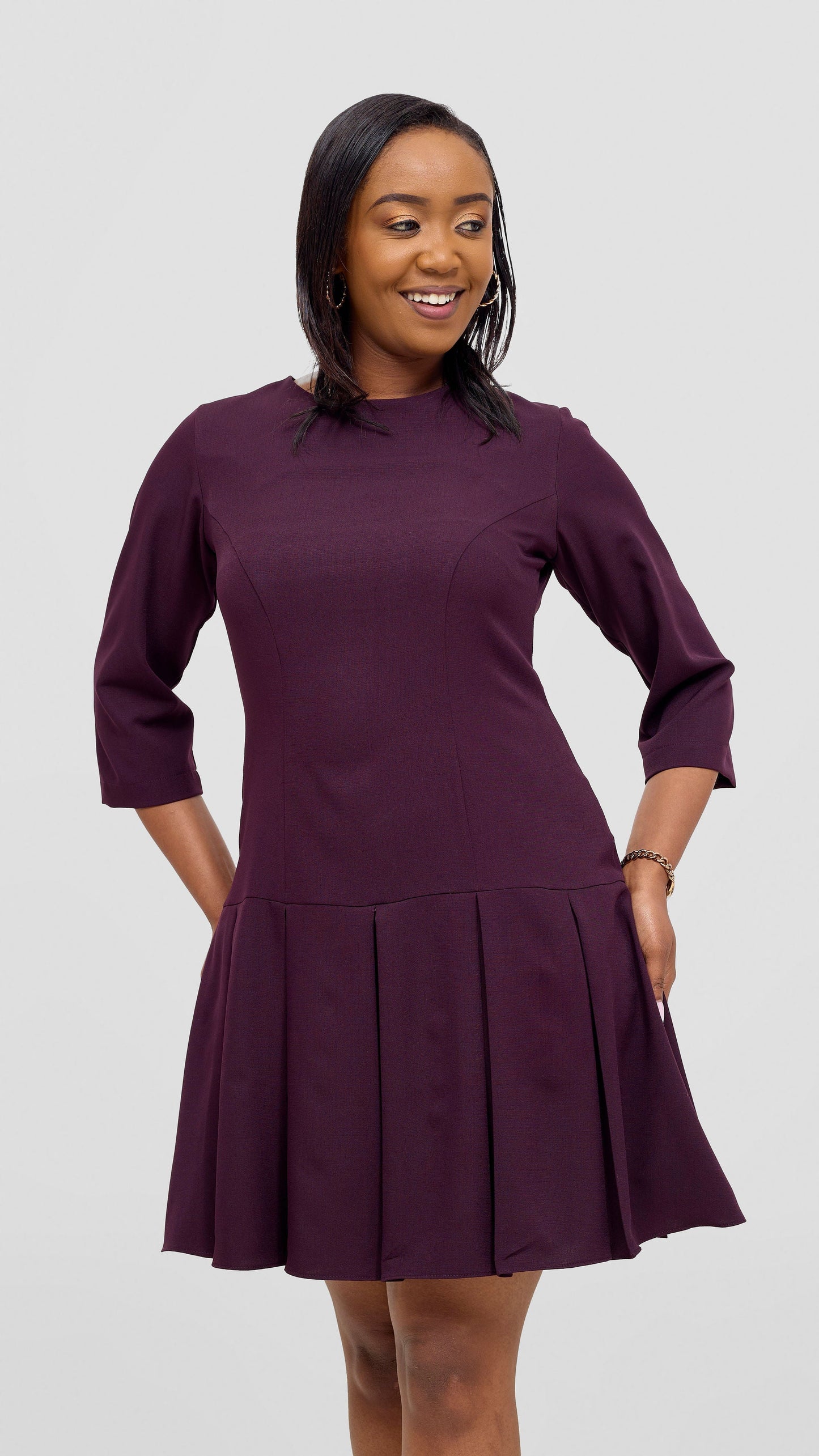 Vivo Diella 3/4 Sleeve Pleated Dress  - Mulberry