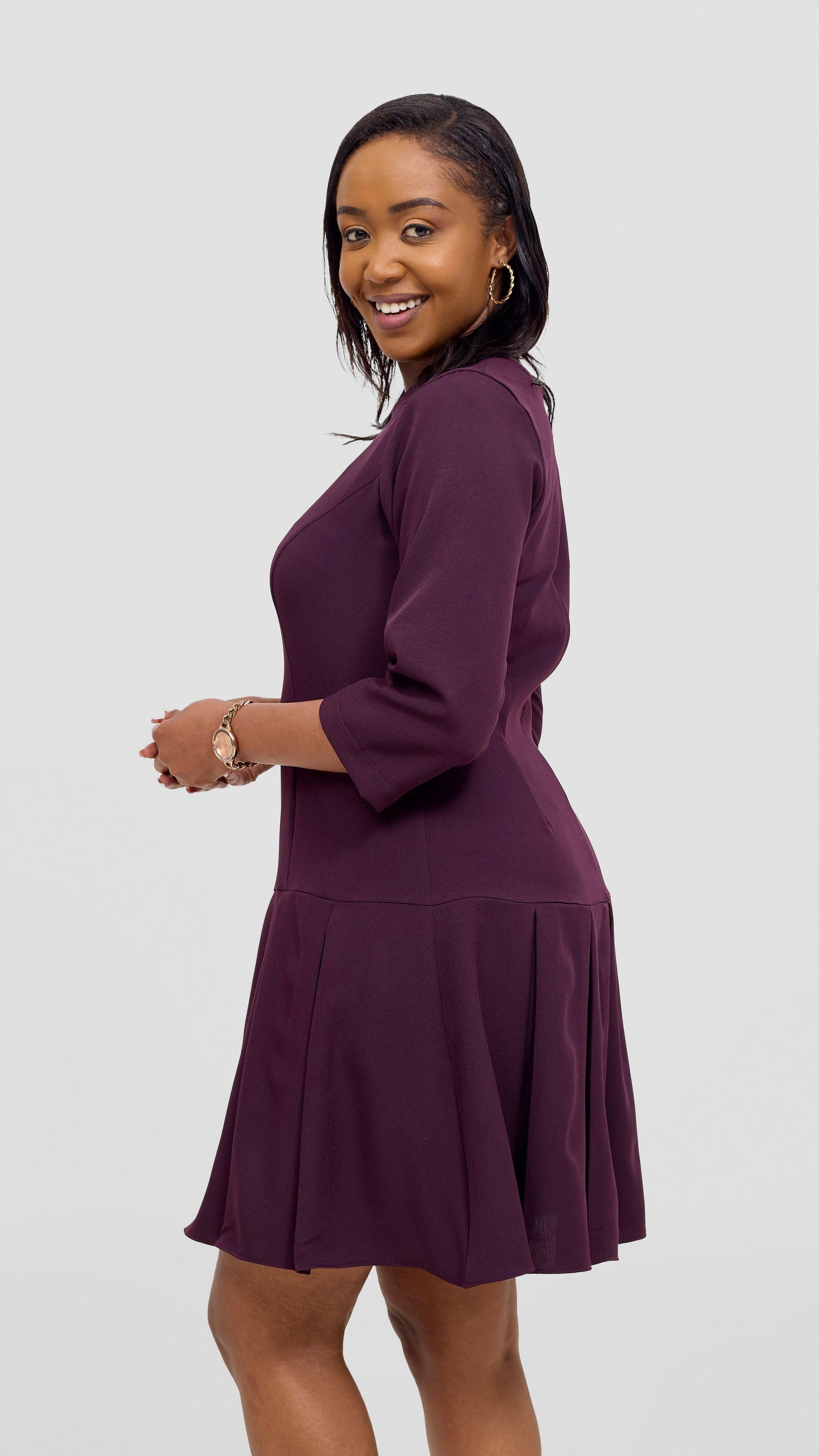 Vivo Diella 3/4 Sleeve Pleated Dress  - Mulberry
