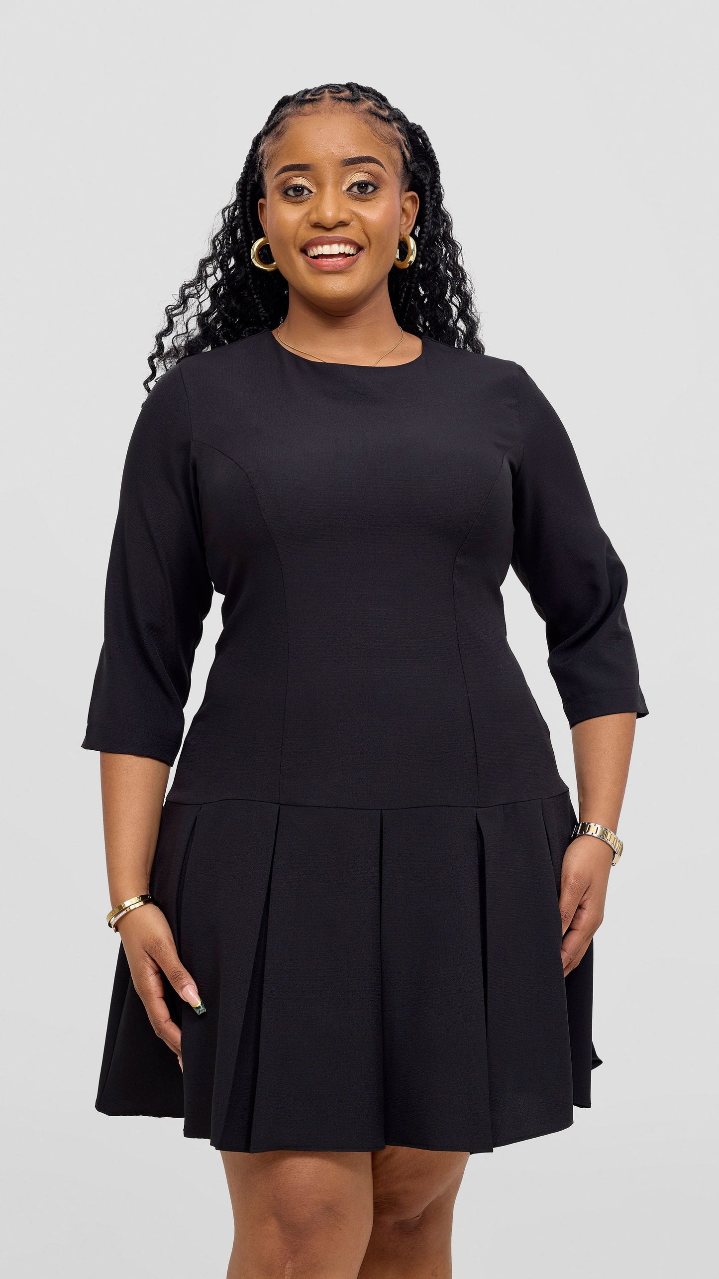 Vivo Diella 3/4 Sleeve Pleated Dress  - Black