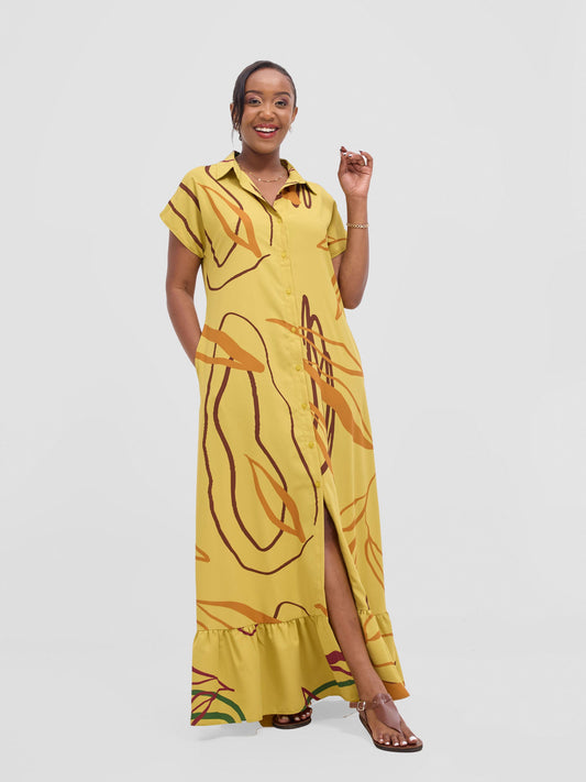 Vivo Asha Drop Shoulder Maxi Shirt Dress - Mustard Yellow / Chocolate Piko Print