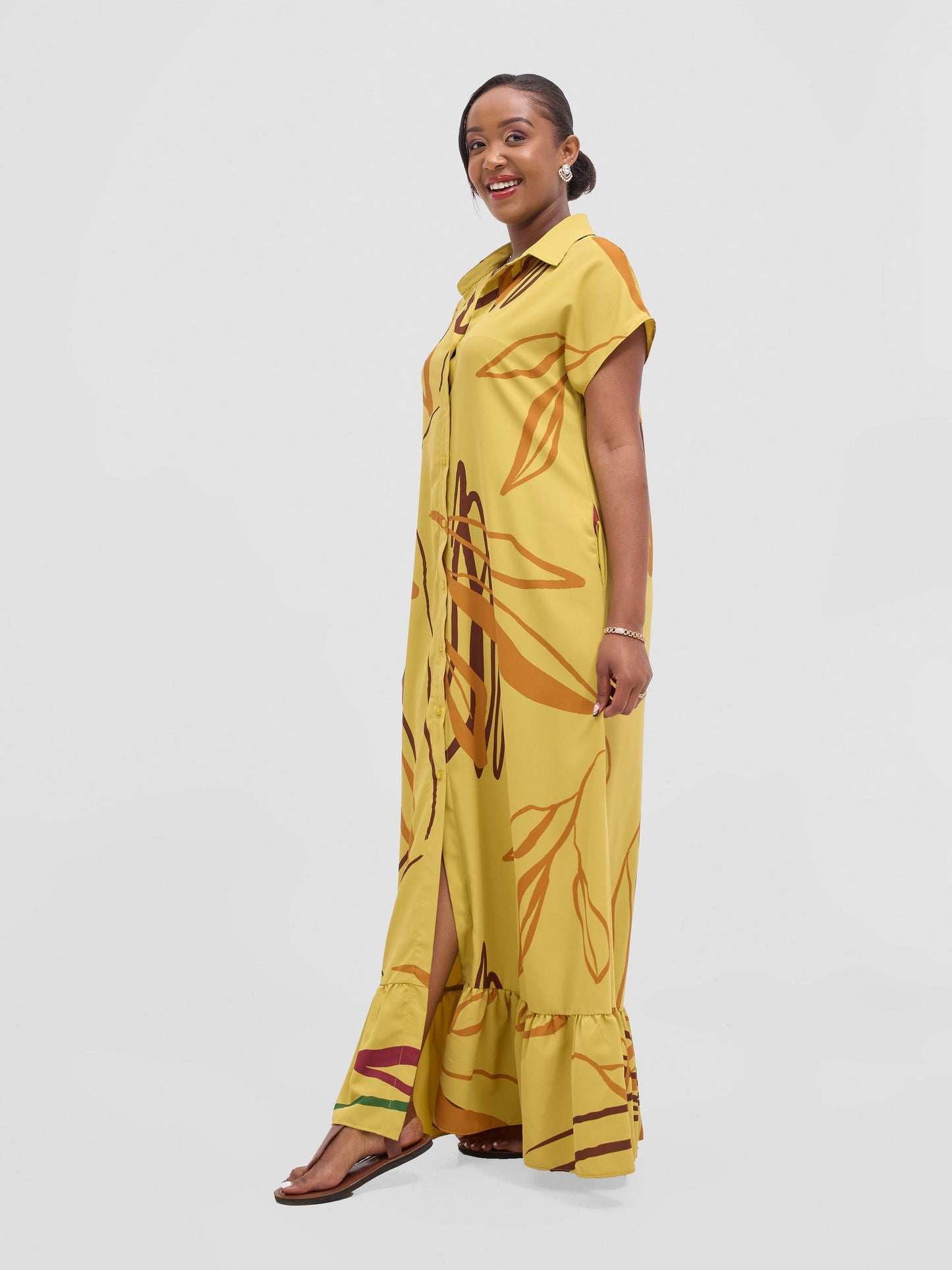Vivo Asha Drop Shoulder Maxi Shirt Dress - Mustard Yellow / Chocolate Piko Print