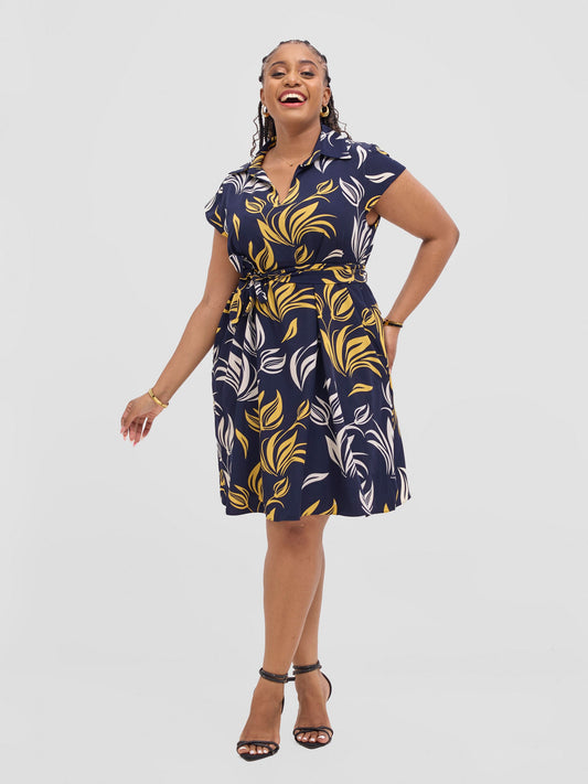 Vivo Zuri Cap Sleeve Knee Length Dress - Navy / Mustard Igabi Print