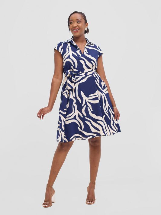 Vivo Zuri Cap Sleeve Knee Length Dress - Navy / Cream Umaca Print