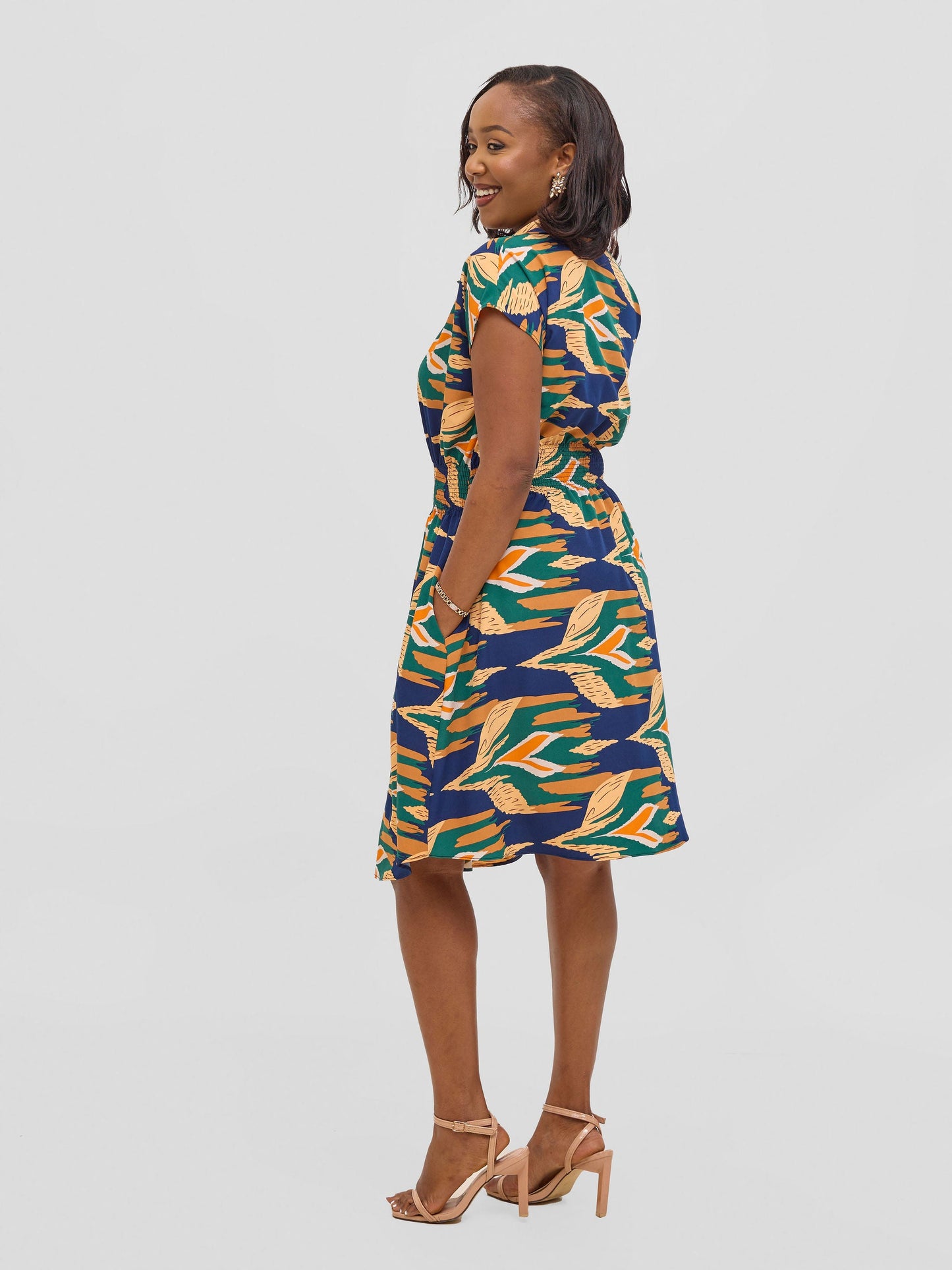 Vivo Zena Shirred Waist Shirt Dress - Green / Navy Print