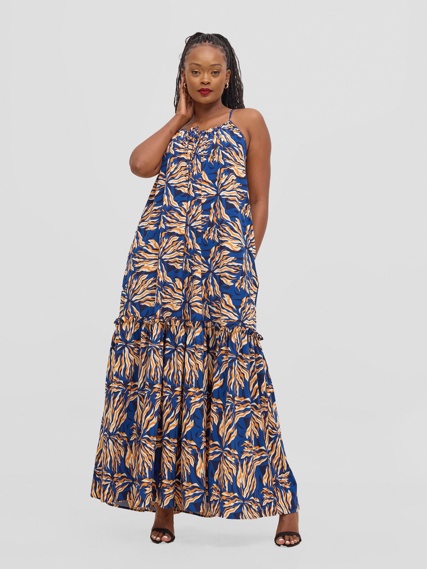 Vivo Sarabi Strappy Flounce Maxi Dress - Orange / Cobalt Print
