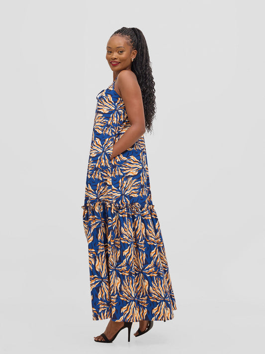 Vivo Sarabi Strappy Flounce Maxi Dress - Orange / Cobalt Print