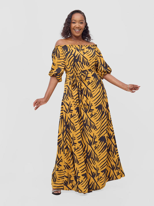 Vivo Ayla Bubble Sleeve Maxi Dress - Mustard / Black Lala Print