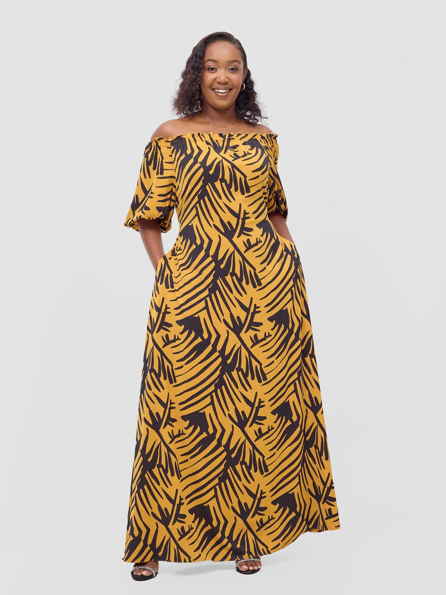 Vivo Ayla Bubble Sleeve Maxi Dress - Mustard / Black Lala Print