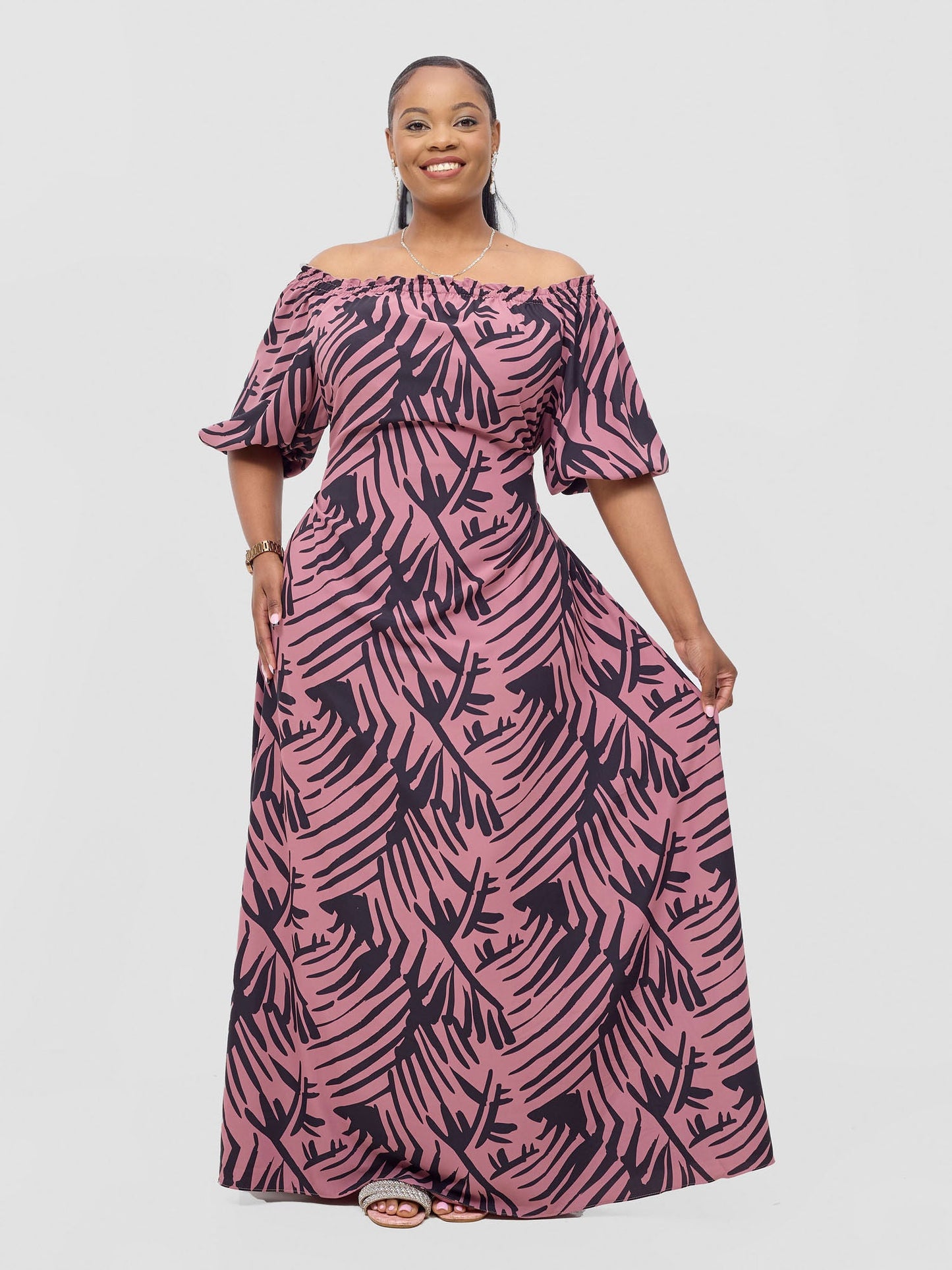 Vivo Ayla Bubble Sleeve Maxi Dress - Blush Pink/ Black Lala Print