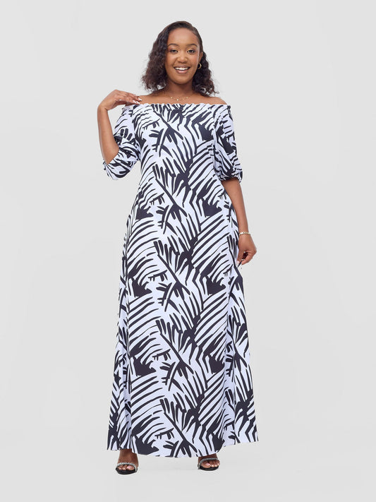 Vivo Ayla Bubble Sleeve Maxi Dress - White / Black Lala Print