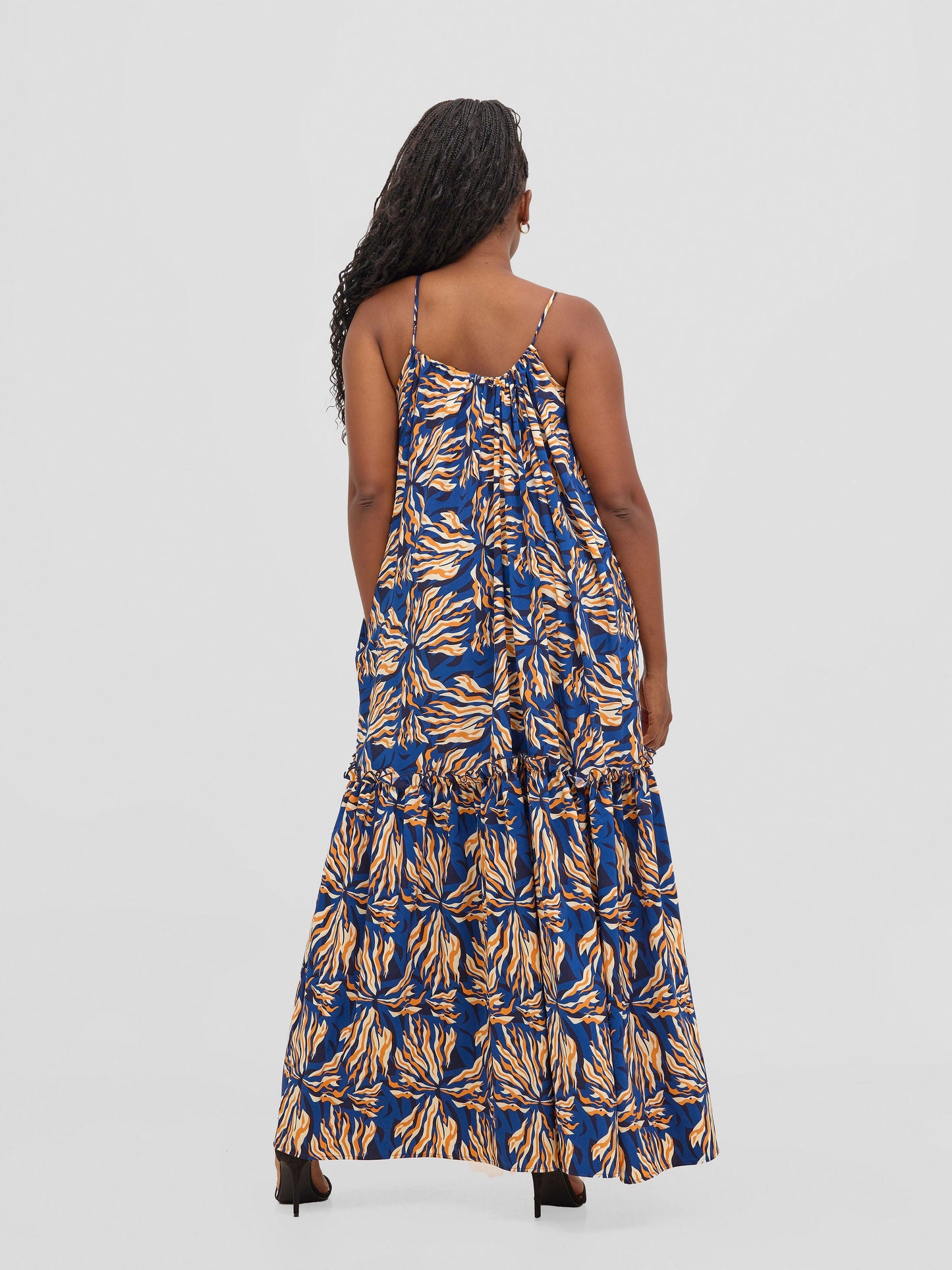 Vivo Sarabi Strappy Flounce Maxi Dress - Orange / Cobalt Print
