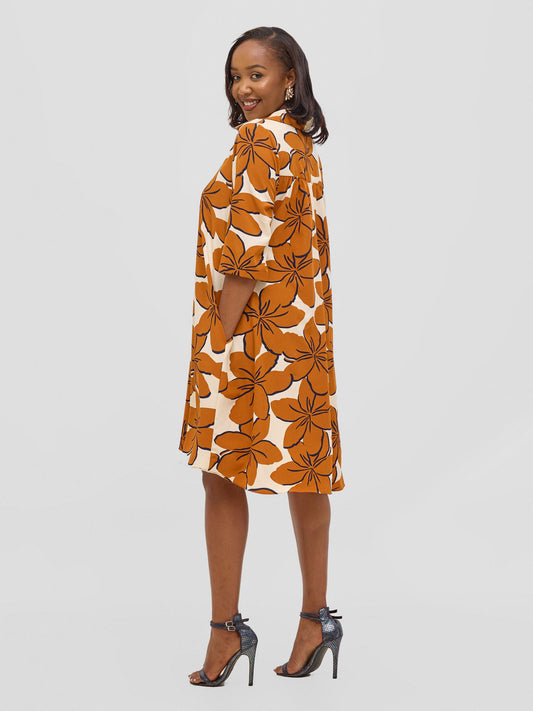 Vivo Reba Hi Low  Dress  - Rust / Cream Print