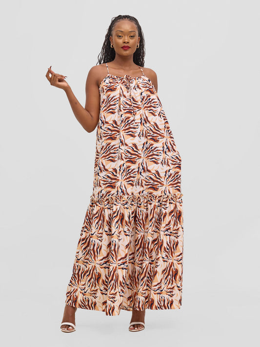 Vivo Sarabi Strappy Flounce Maxi Dress - White / Brown Print