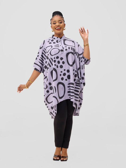 Vivo Wastani 3/4 Shirred Sleeve Wide Tunic - Lilac / Black Hawa Print