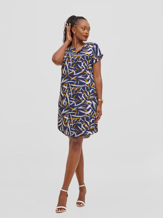 Vivo Pesi Drop Shoulder Shift Dress - Navy Esi Print