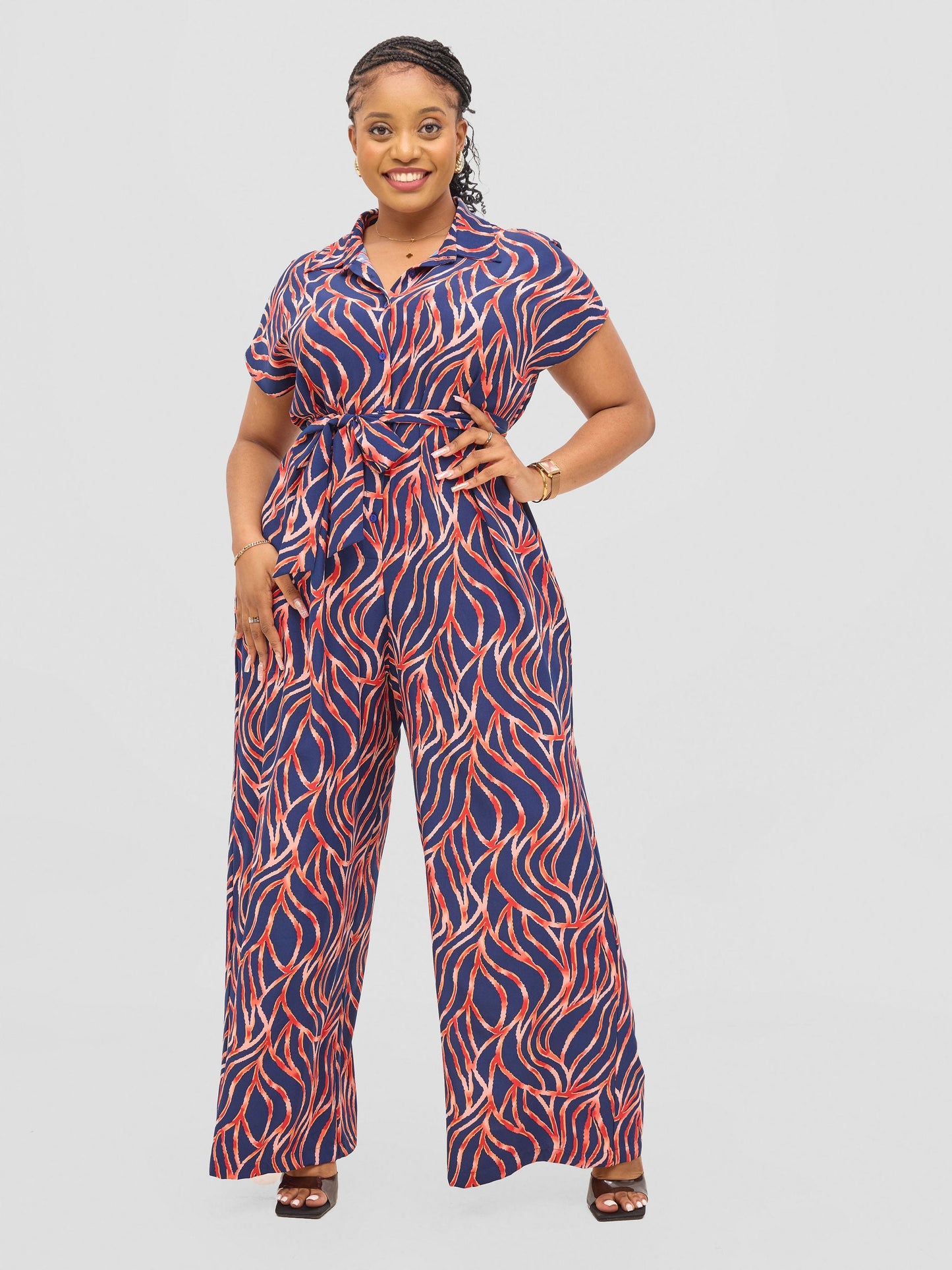 Vivo Ayla Drop Shoulder Jumpsuit - Navy / Red Print