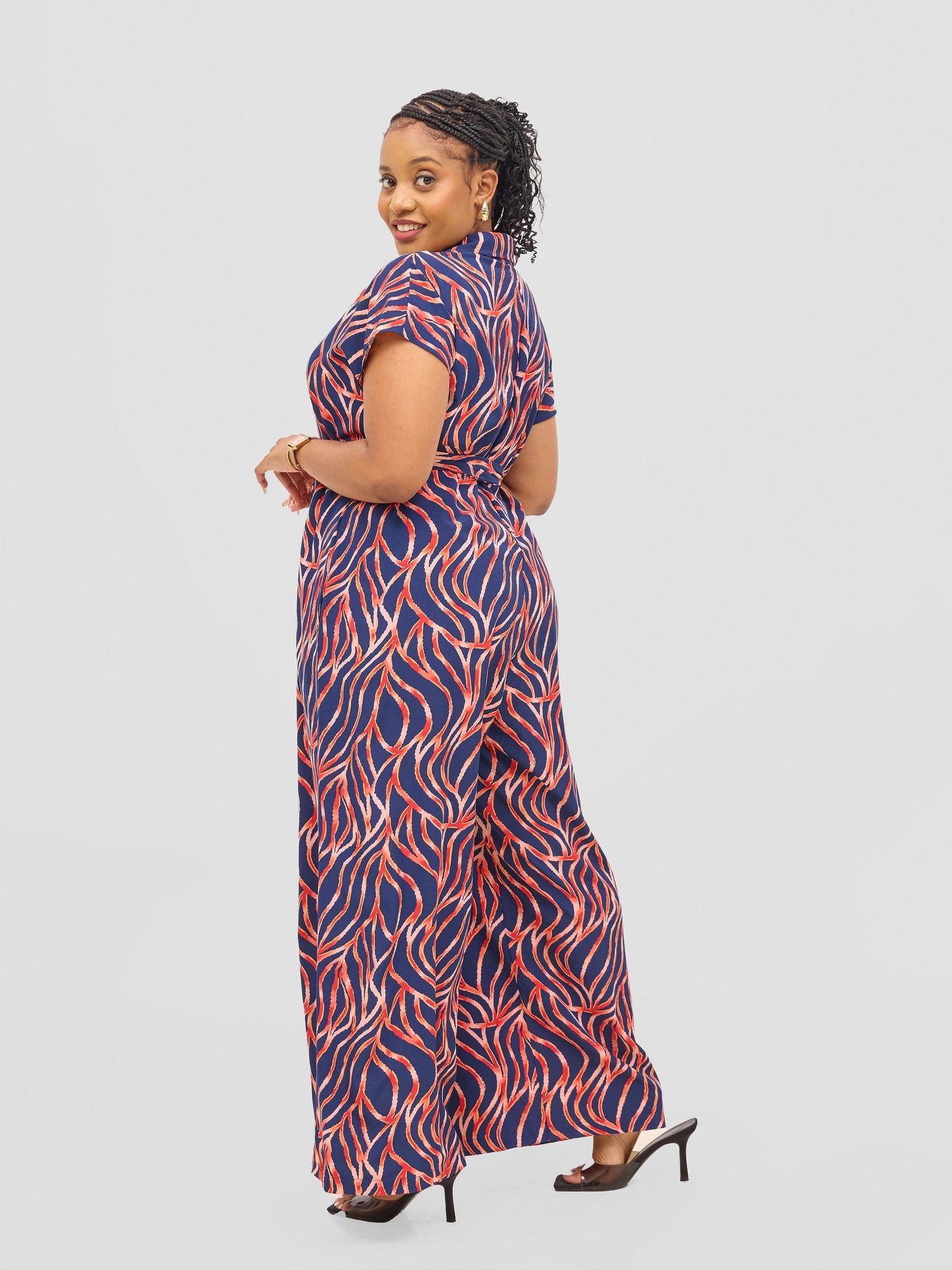 Vivo Ayla Drop Shoulder Jumpsuit - Navy / Red Print