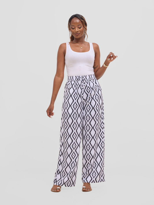 Vivo Seli Wide Leg Pants - White / Black Esli Print