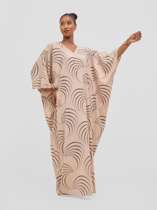 Vivo Ayla Maxi Kaftan Dress - Beige / Black Sinka Print