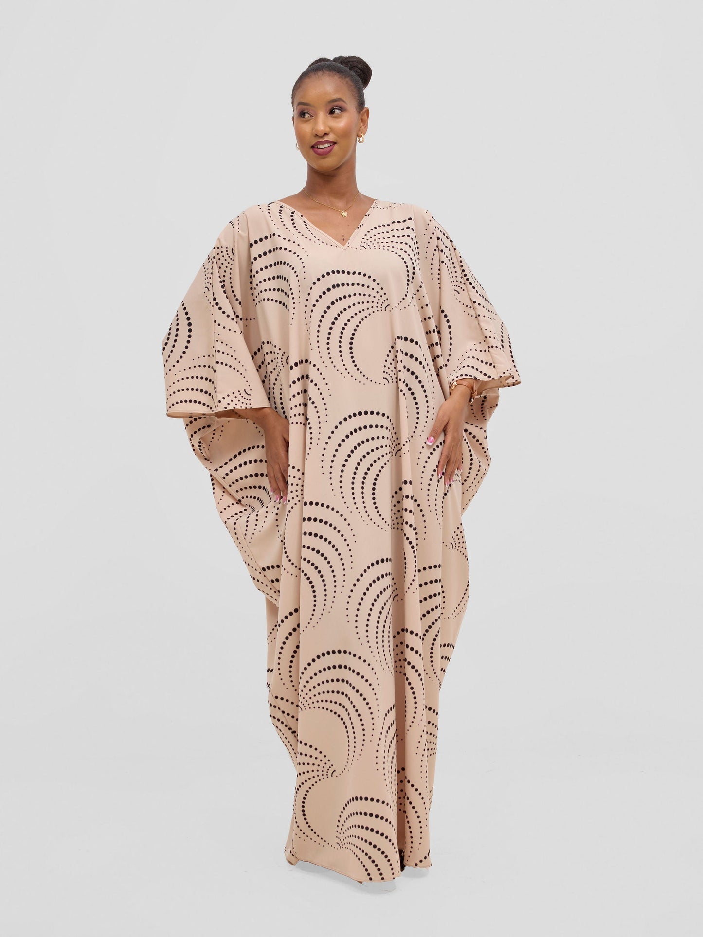 Vivo Ayla Maxi Kaftan Dress - Beige / Black Sinka Print