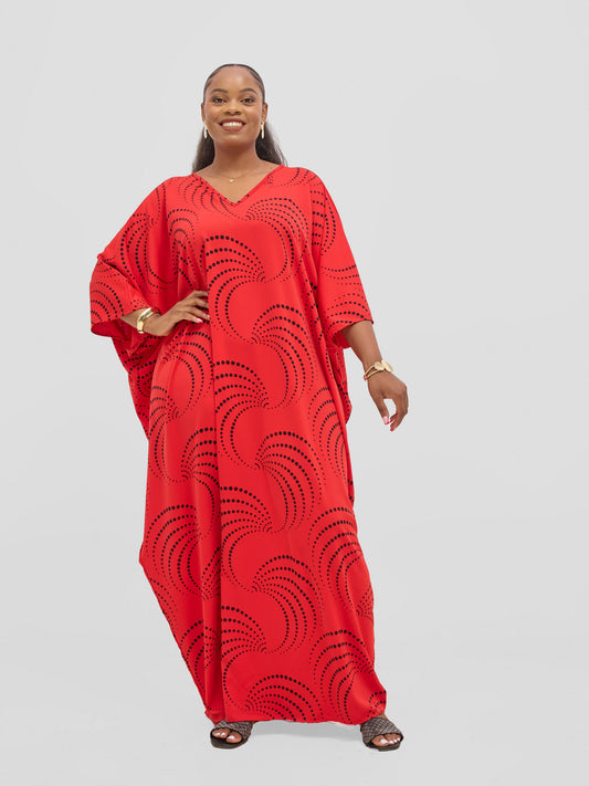 Vivo Ayla Maxi Kaftan Dress - Red / Black Sinka Print