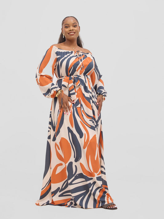 Vivo Zahari Off-Shoulder Maxi Dress - Cream / Orange Haza Print