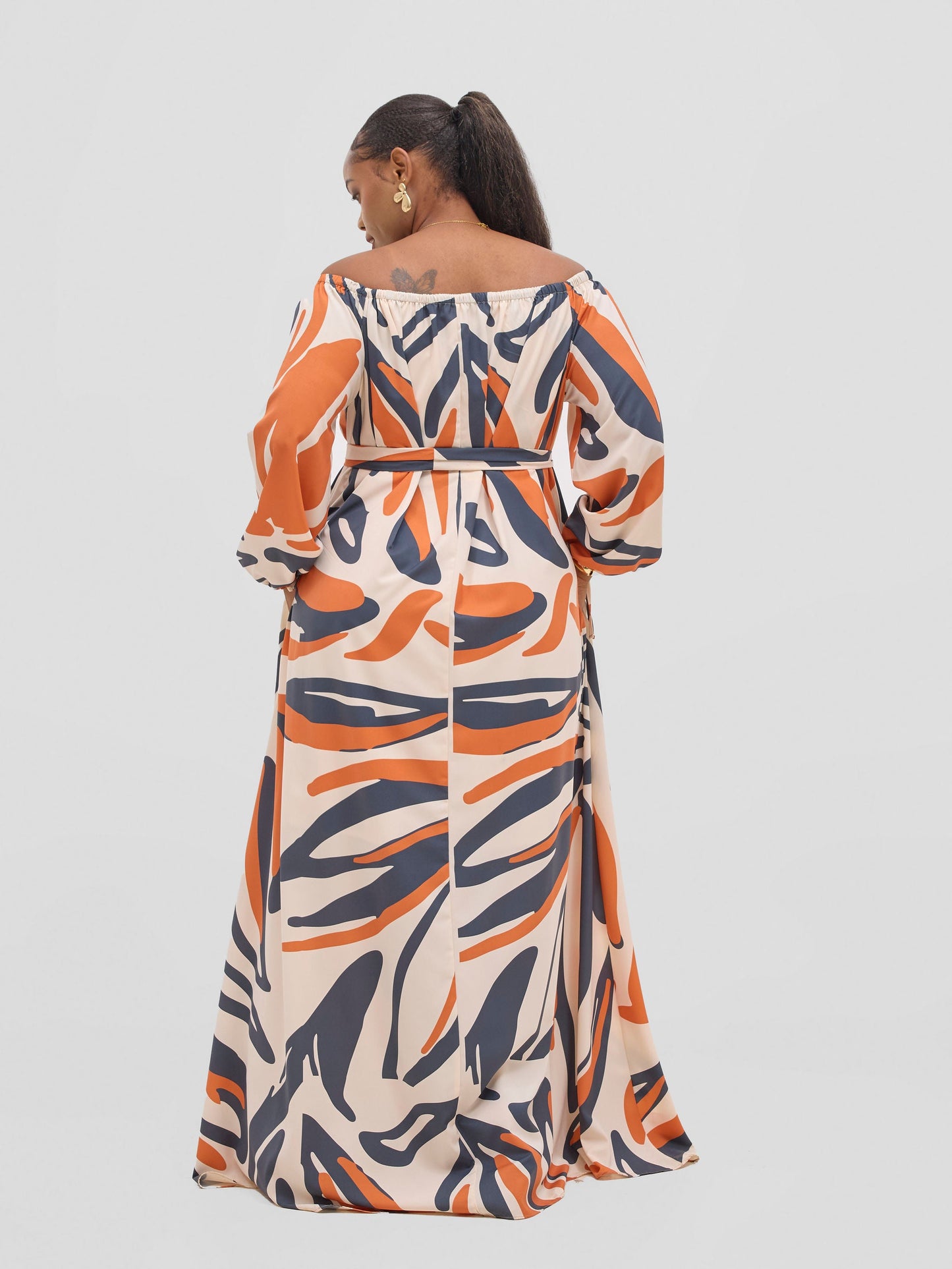 Vivo Zahari Off-Shoulder Maxi Dress - Cream / Orange Haza Print