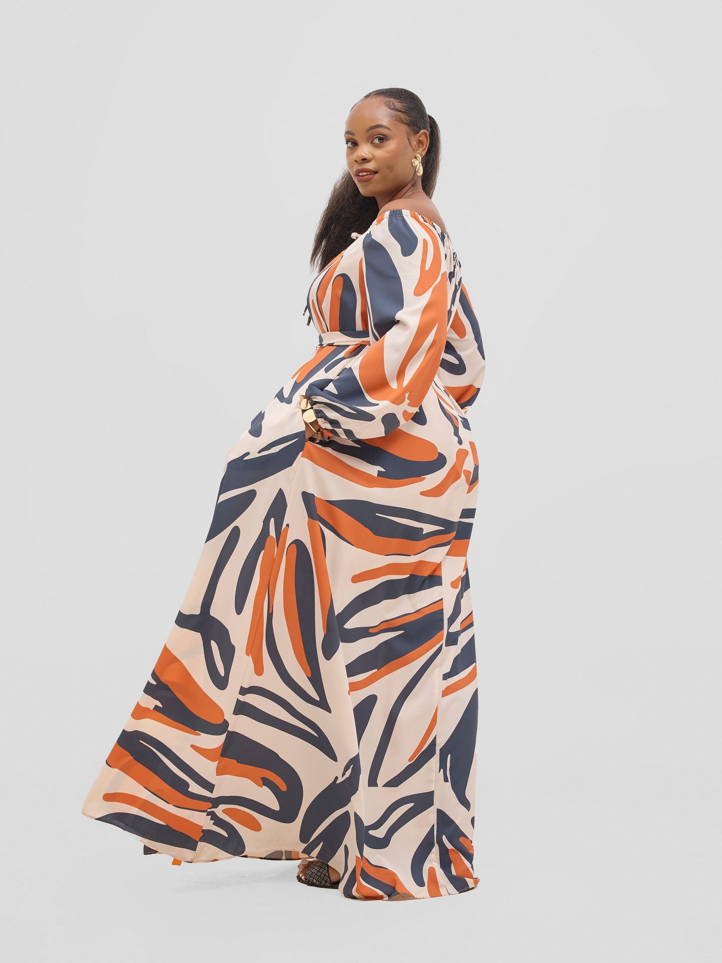Vivo Zahari Off-Shoulder Maxi Dress - Cream / Orange Haza Print