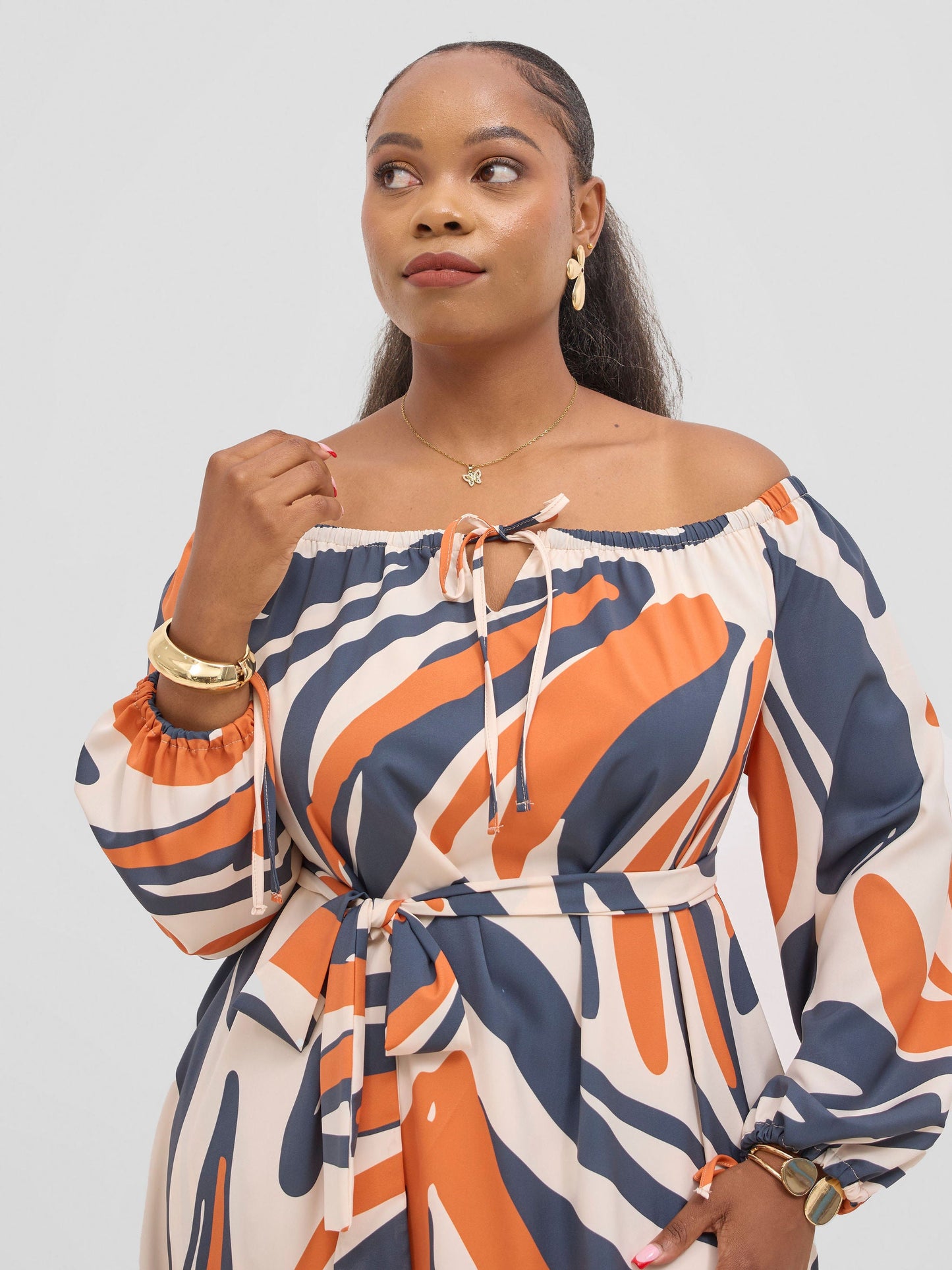 Vivo Zahari Off-Shoulder Maxi Dress - Cream / Orange Haza Print