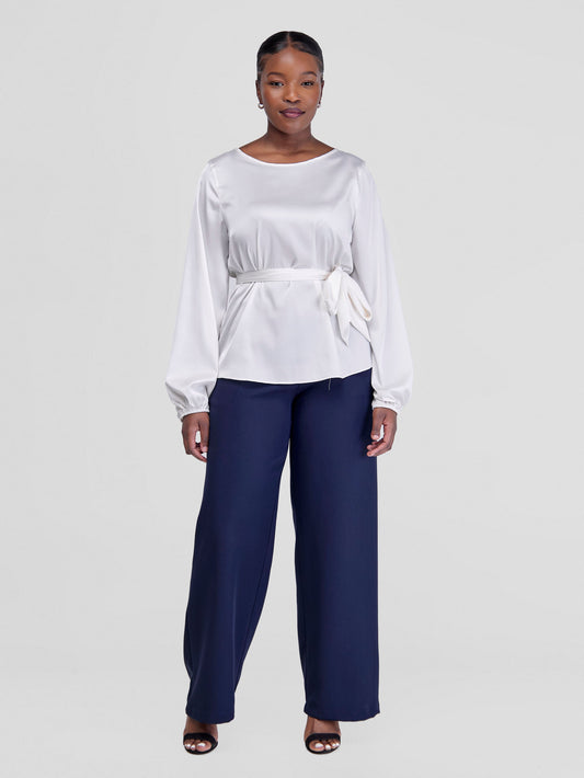 Vivo Basic Satin Bishop Sleeved Top - White