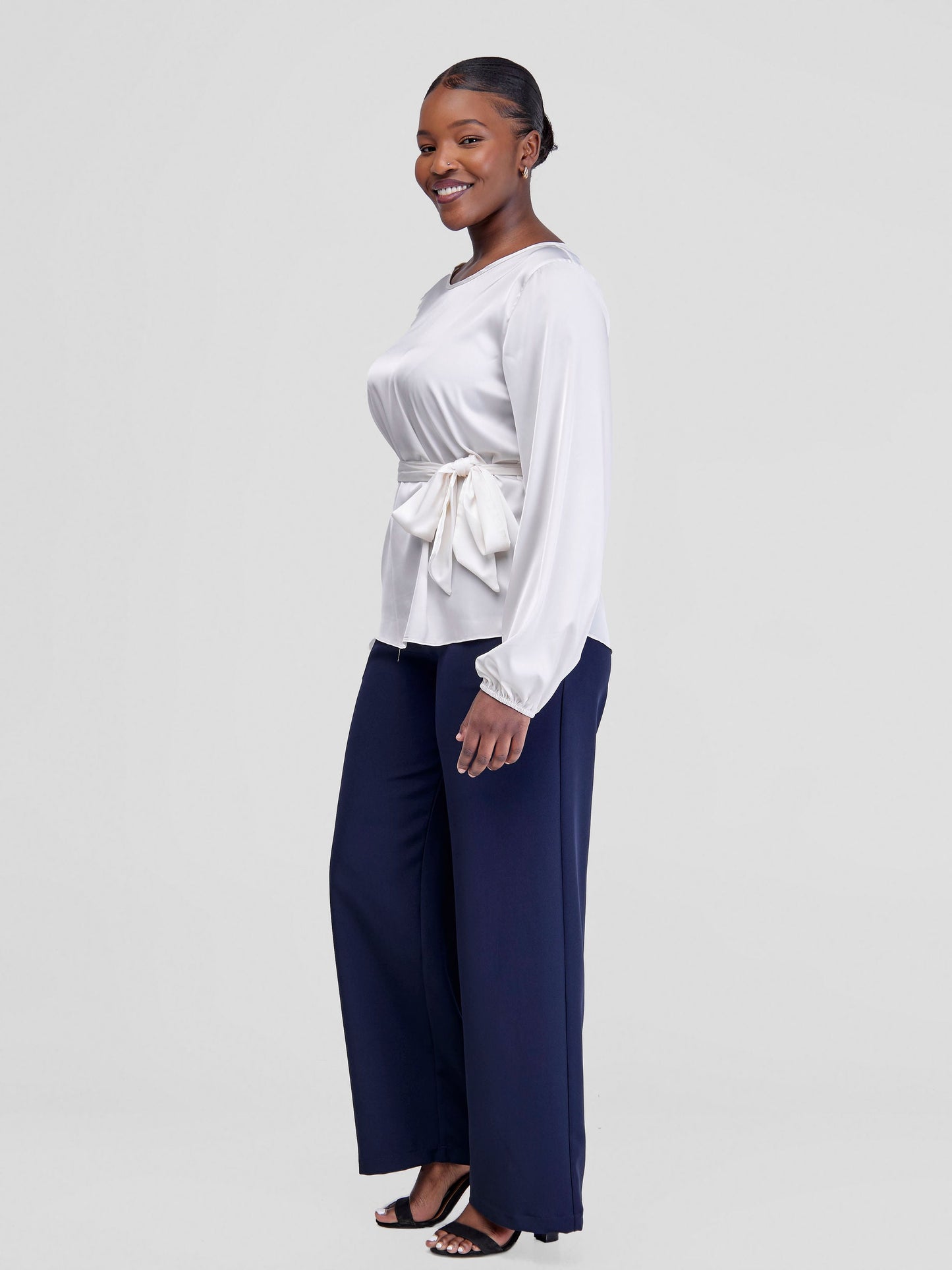 Vivo Basic Satin Bishop Sleeved Top - White
