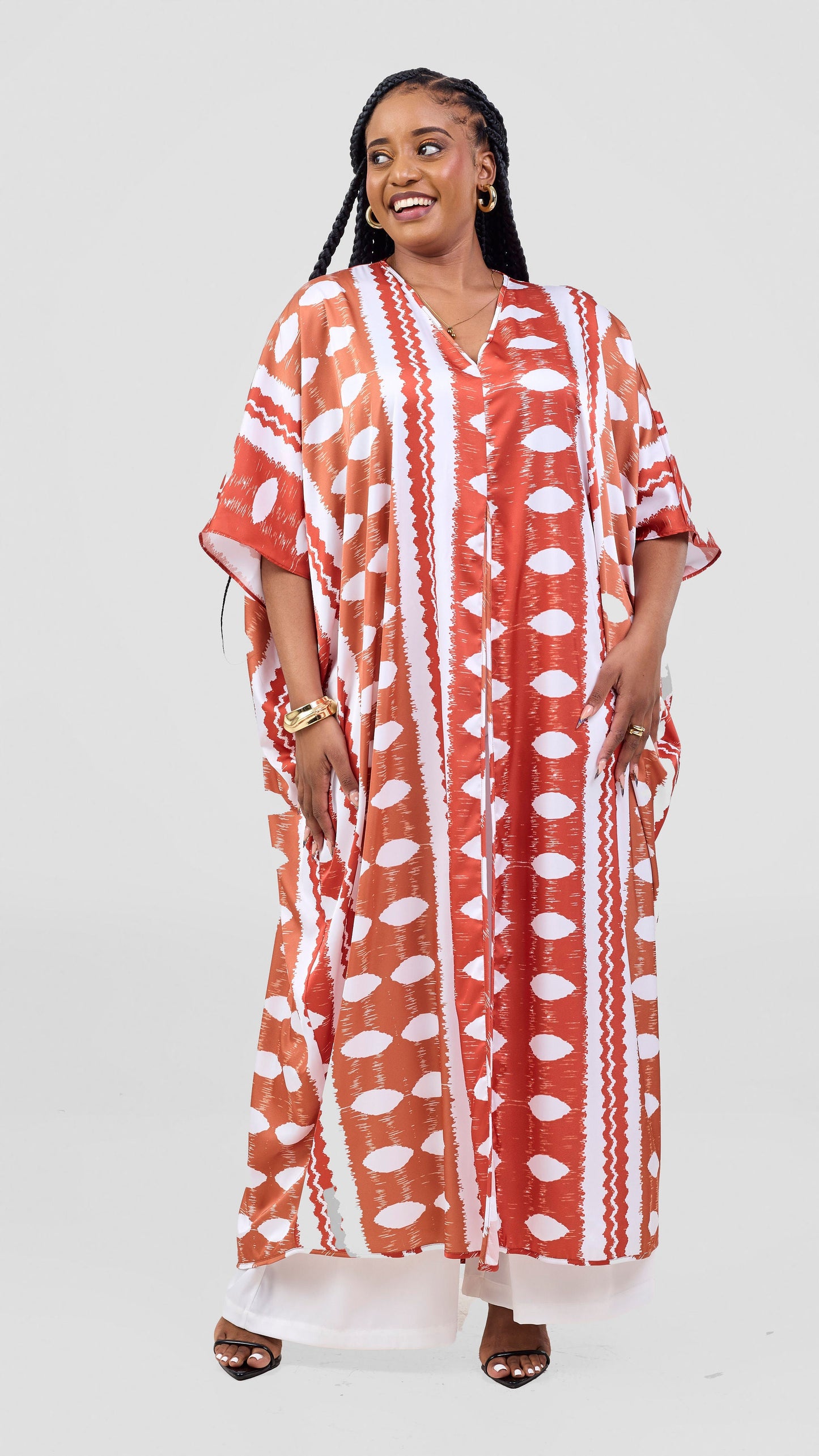 Vivo Essi Front Slit Maxi Top - White / Rust Print