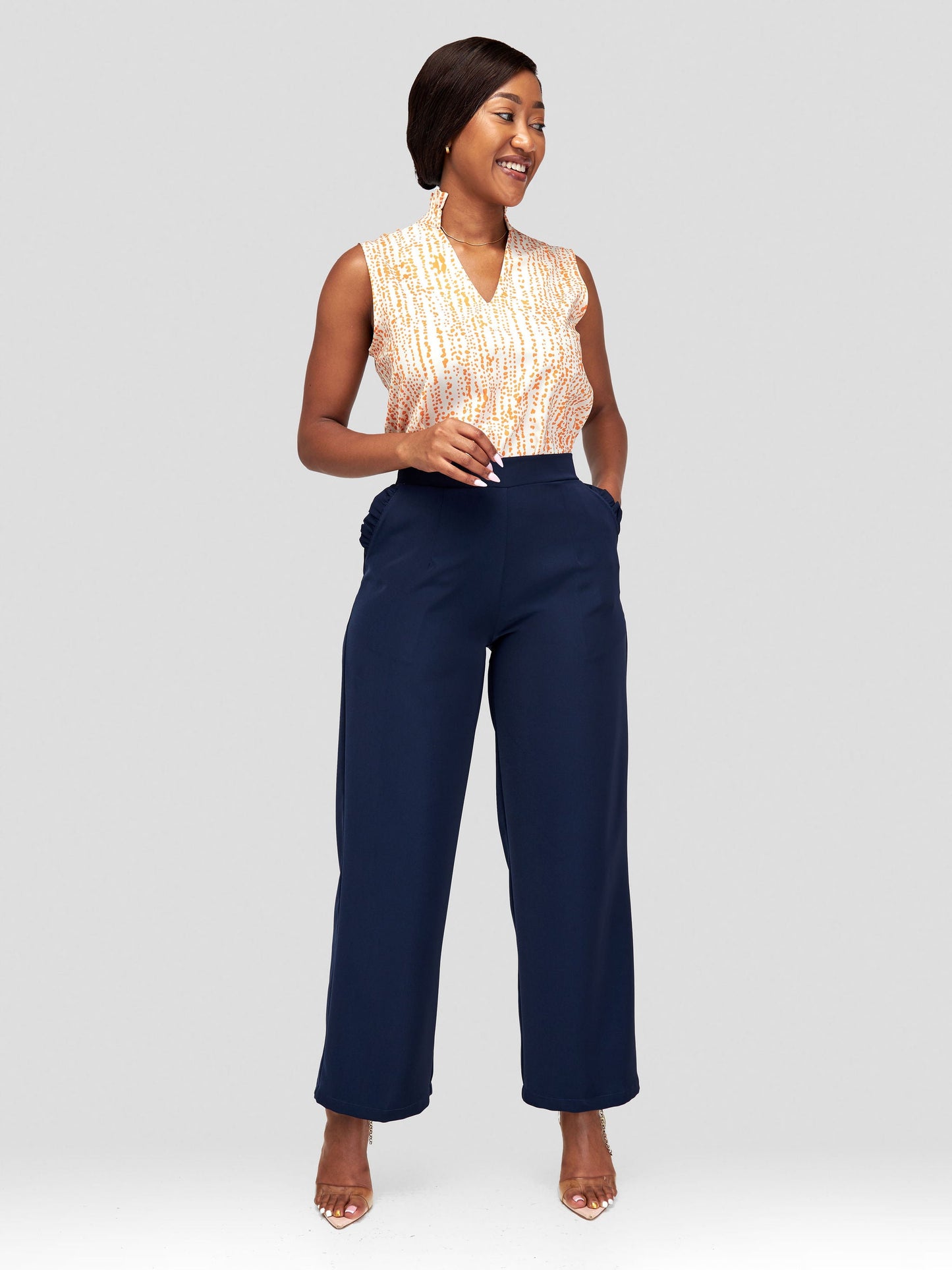 Vivo Sani Ruffle Pocket Straight Leg Pants - Navy Blue