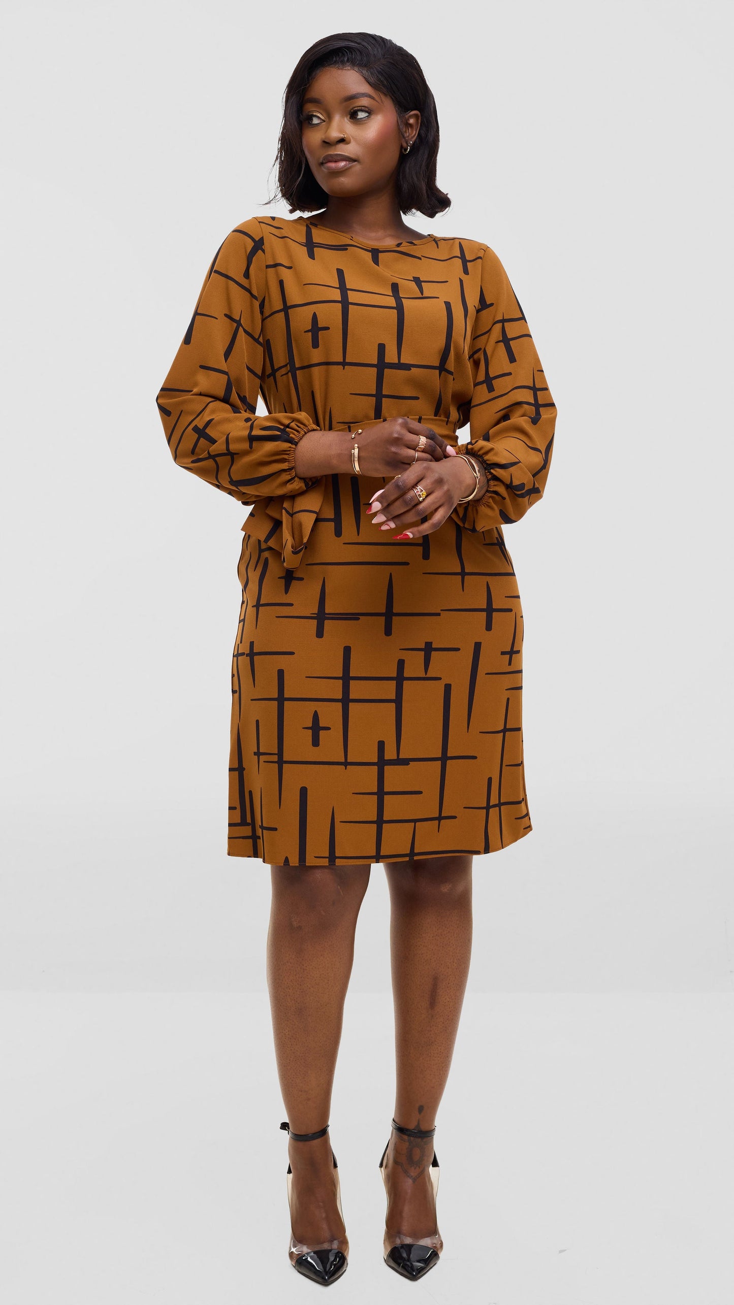 Vivo Laika Bishop Sleeve Shift Dress In Crepe  - Dark Mustard / Black Aria Print