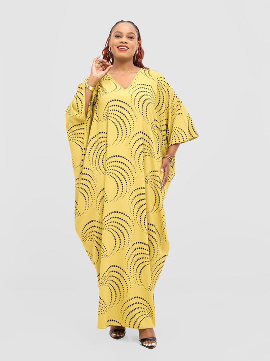 Vivo Ayla Maxi Kaftan Dress - Mustard Yellow / Black Sinka Print