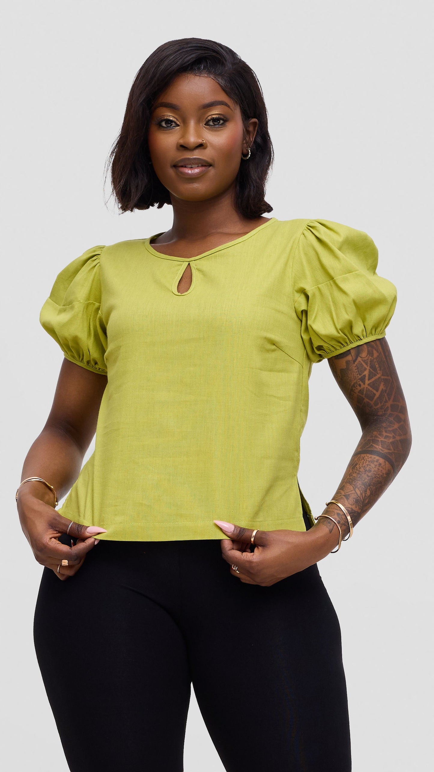 Vivo Lulu Bubble Sleeve Top In Cotton - Lime