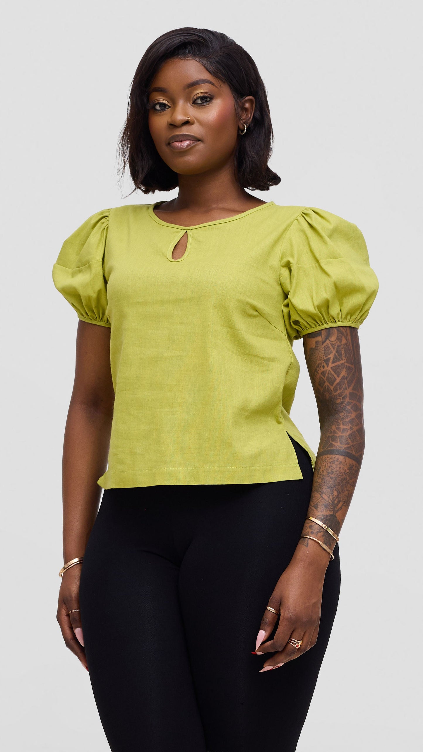 Vivo Lulu Bubble Sleeve Top In Cotton - Lime