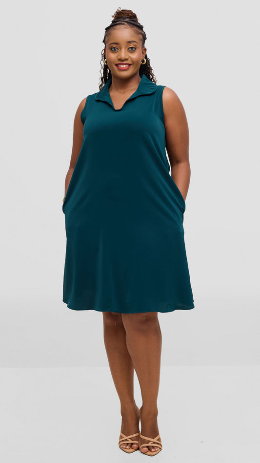 Vivo Asha Sleeveless Knee Length Dress In Crepe - Dark Green