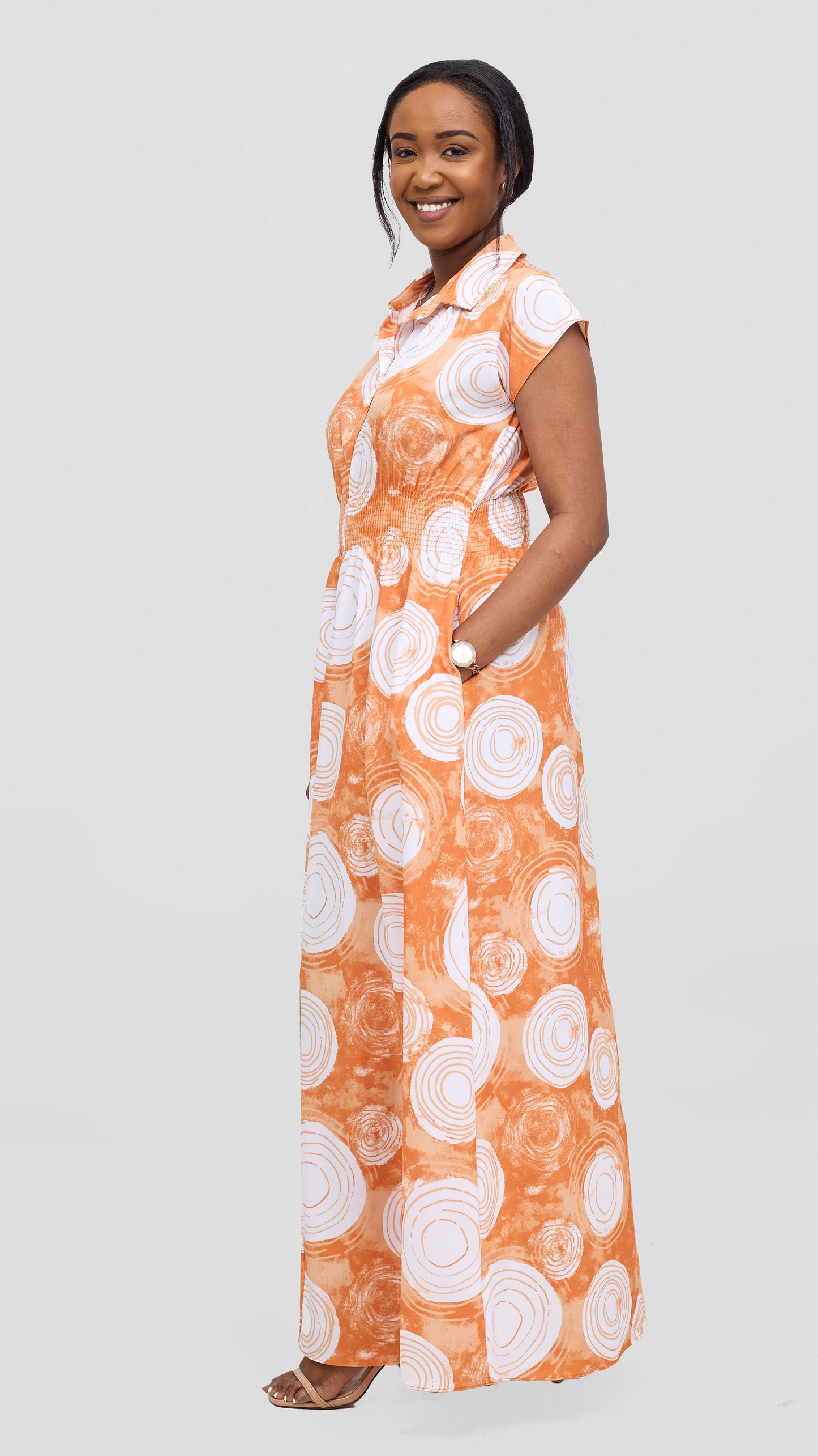 Vivo Zena Shirred Waist Maxi Shirt Dress - Orange / White Ebu Print