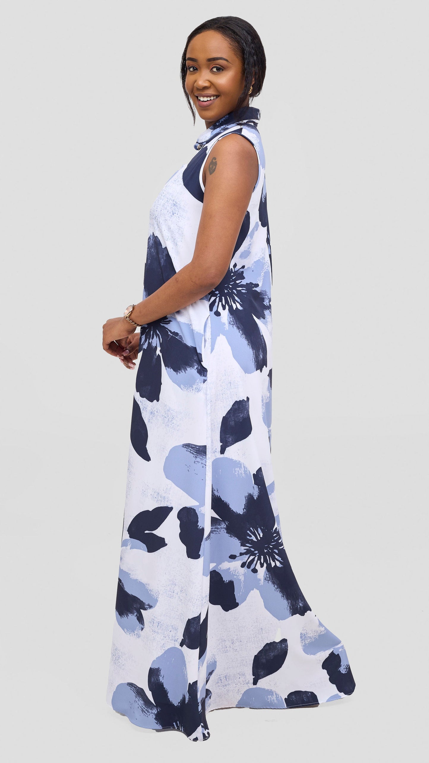 Vivo Asha Sleeveless Maxi Dress - Dark Navy / Grey Lalo Print