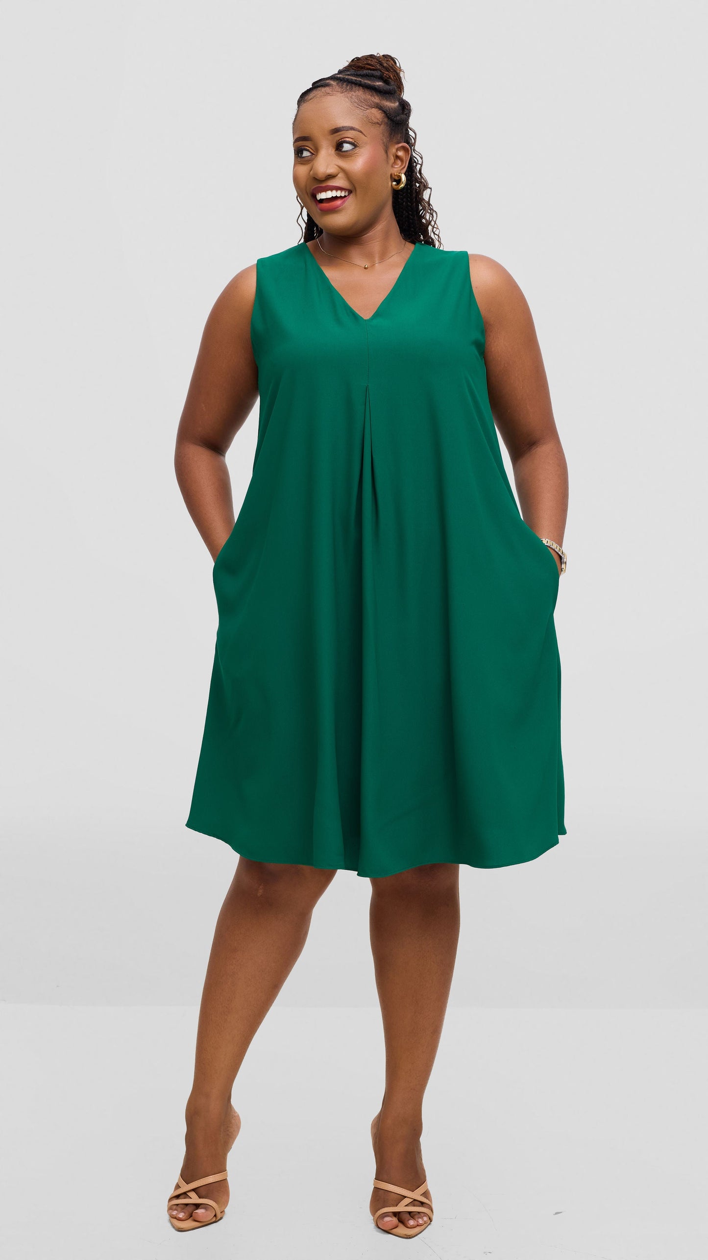 Vivo Ava Front Pleat Knee Length Dress In Crepe - Dark Green