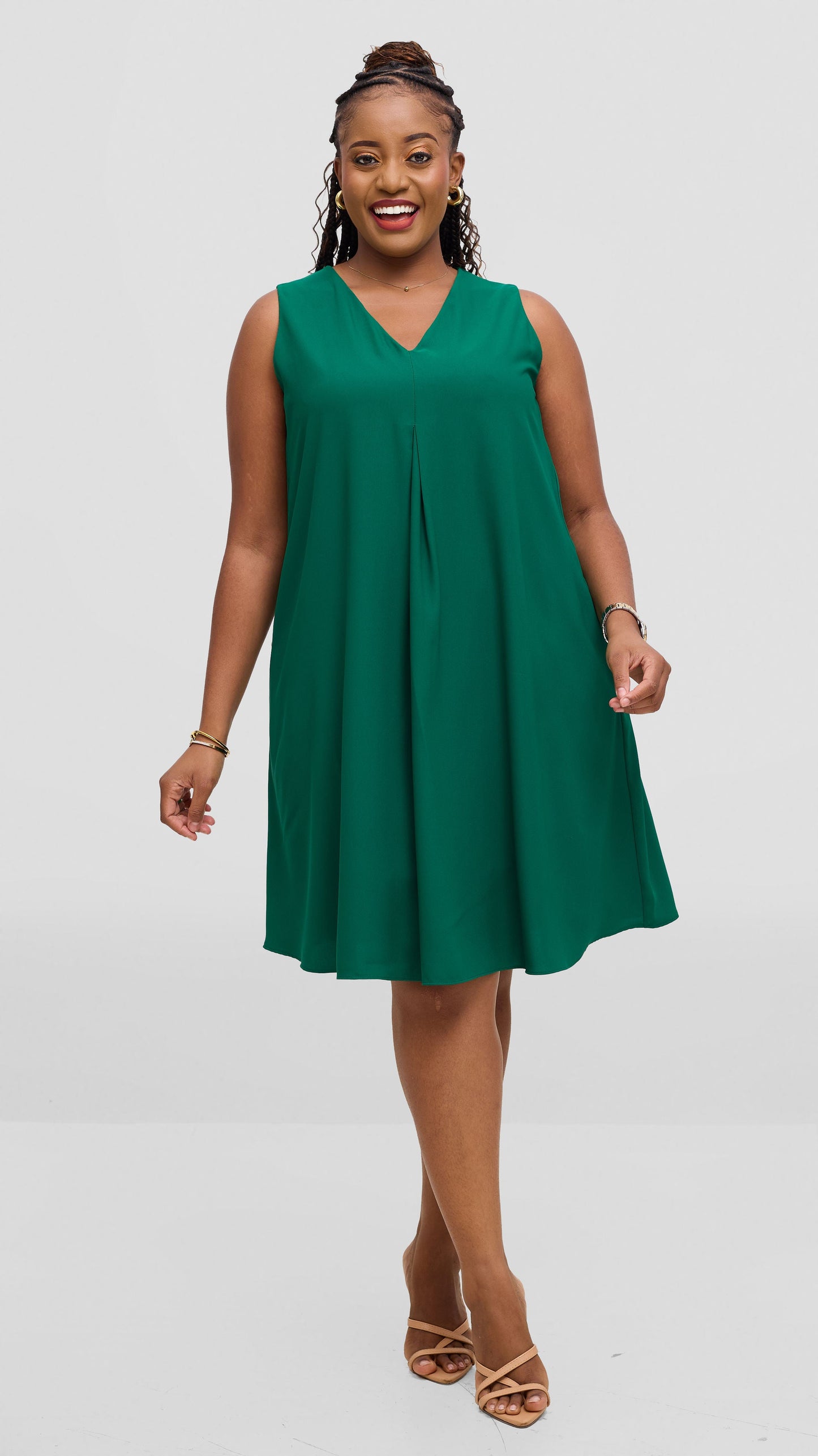 Vivo Ava Front Pleat Knee Length Dress In Crepe - Dark Green