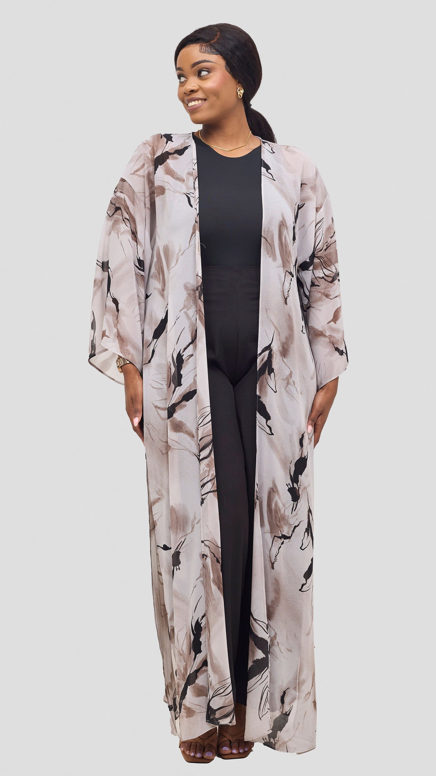 Vivo Nandi High Slit Kimono - Light Taupe / Black Print