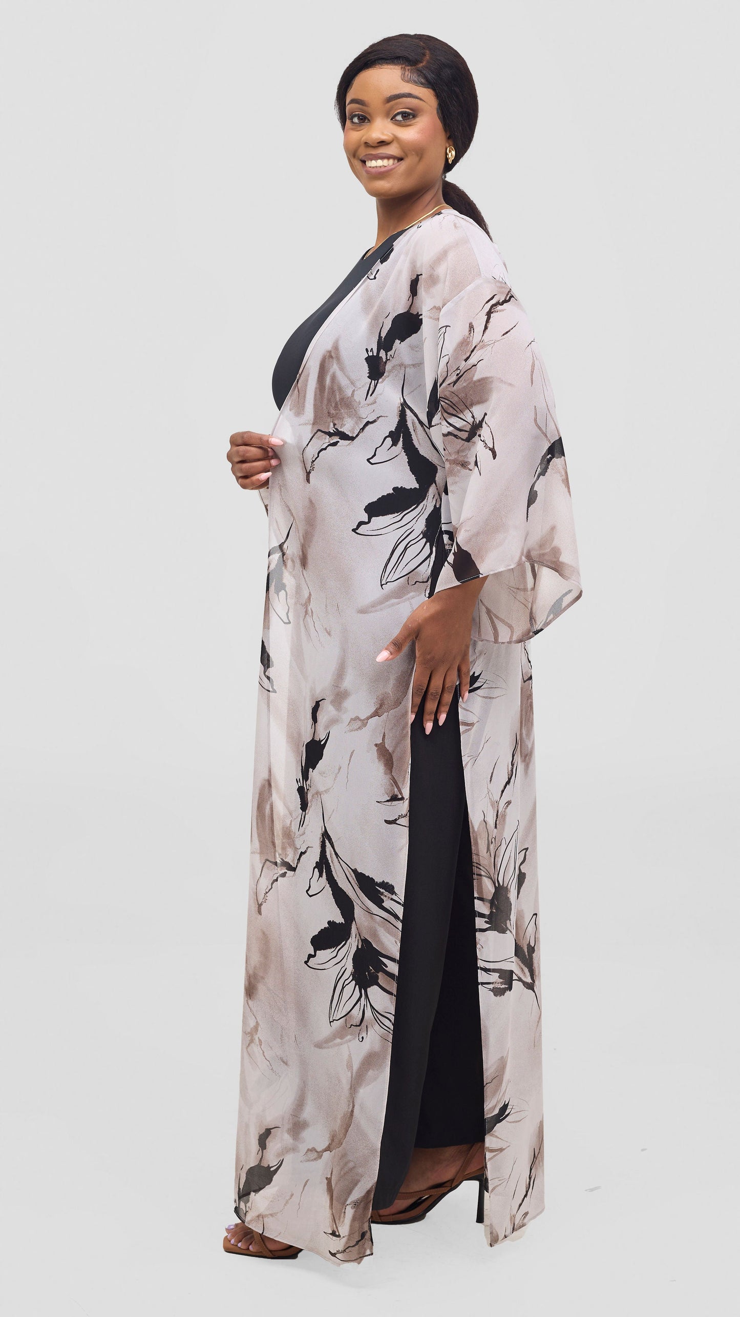 Vivo Nandi High Slit Kimono - Light Taupe / Black Print