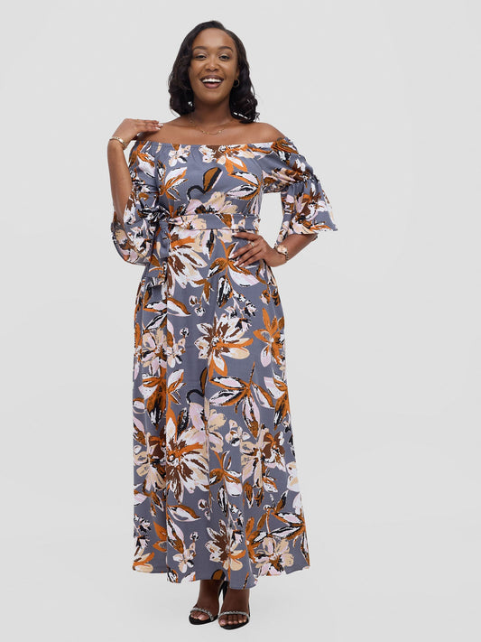 Vivo Tana Off Shoulder Maxi Dress - Multicolour Grey Print