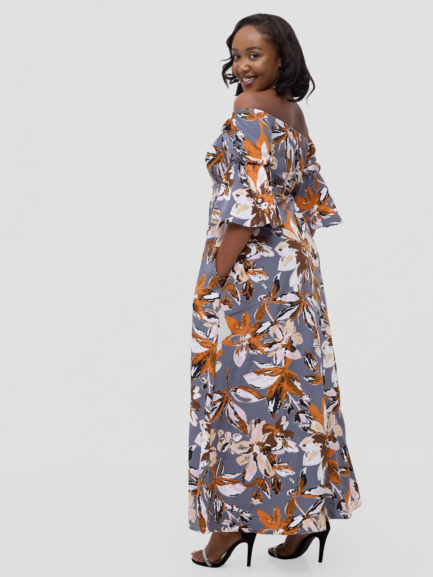 Vivo Tana Off Shoulder Maxi Dress - Multicolour Grey Print