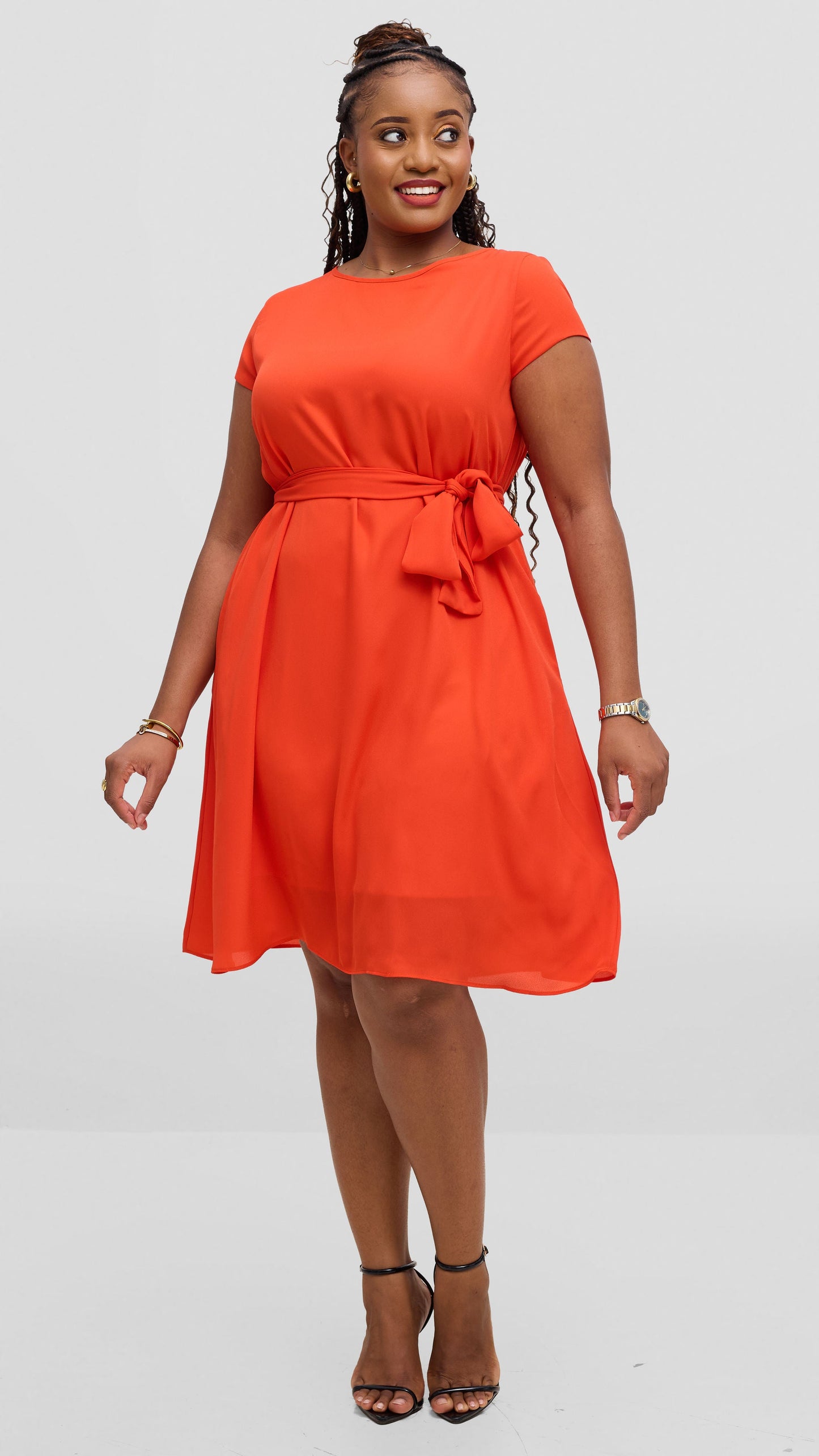 Vivo Basic Knee Length Dress In Chiffon - Orange
